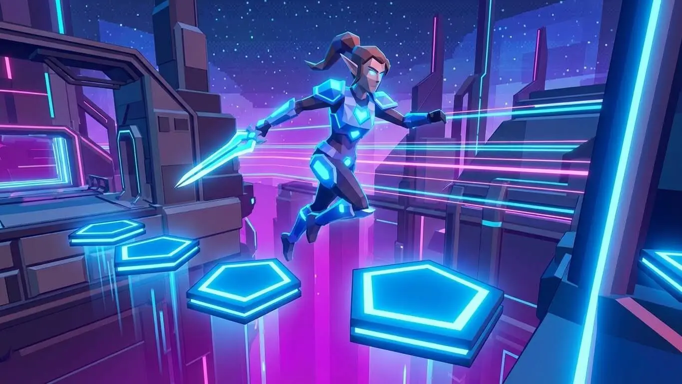 Neon sci-fi arena level with a sword-wielding character